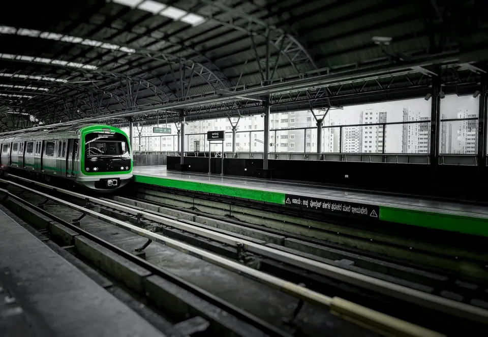 A Namma Metro train at an elevated station in Bengaluru