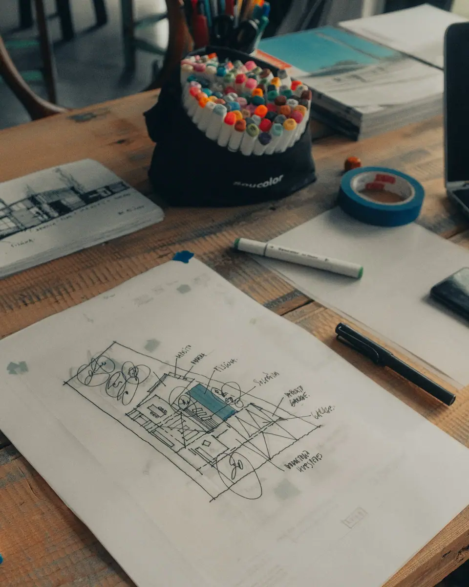 Architectural drawings and a pen on a drafting table